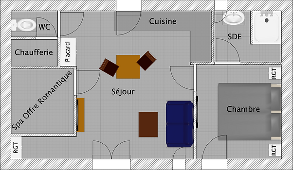 Plan du gîte La Petite Fay avec séjour, cuisine, chambre, salle d’eau et espace spa romantique
